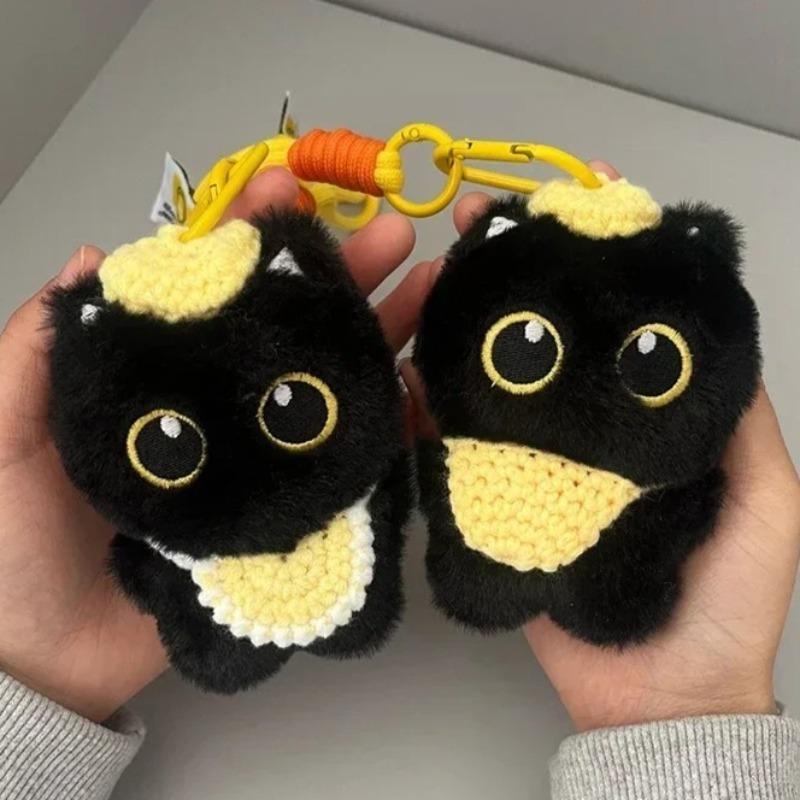 Kawaii Černé Kotě Pískací Plyšové Klíčenky Roztomilý Kočičí Přívěsek na Tašku Ozdoba na Batoh Kreslené Plyšové Zvířátko Dekorace Dárky