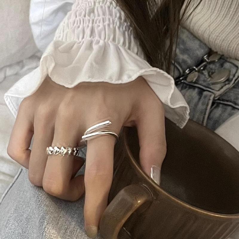 BF CLUB 925 Sterling Rings for Women Fashion Geometric Handmade Irregular Heart Double Lines Ring Party Christmas Gift