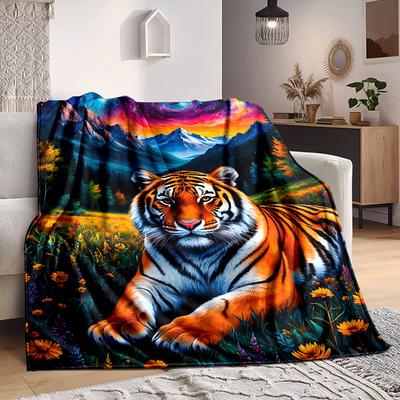 1pc Tiger Fantasy Landscape Blanket Lightweight Flannel Blanket Throw Blanket For Sofa, Bed, Travel, Camping, Livingroom, Office, Couch, Chair, And Be