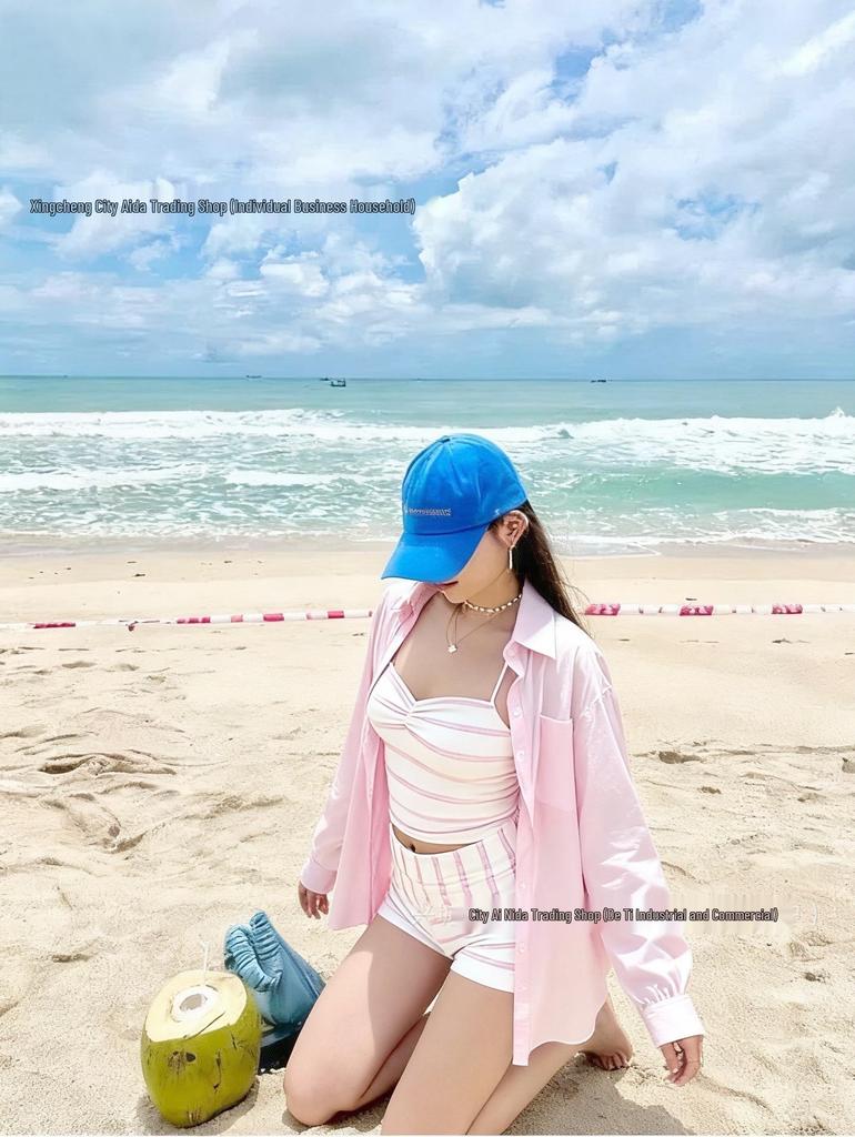 Koreansk Blårandig Halter Bikini - Hög Midja, Sexig Varmvattenkälla Badkläder