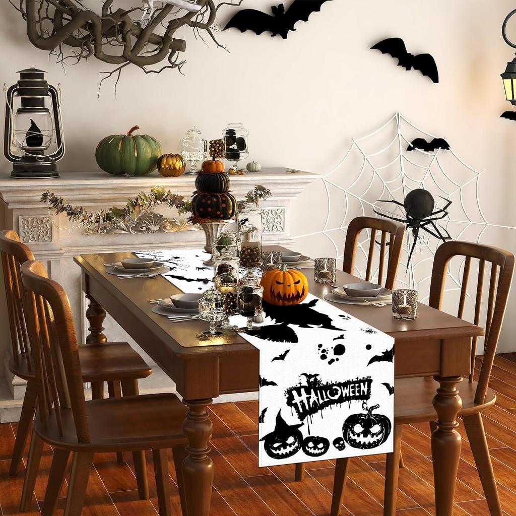 1pc White Black Halloween Table Runner Pumpkin Witch Pattern Dustproof Durable Tablecloth for Halloween Theme Party Decoration