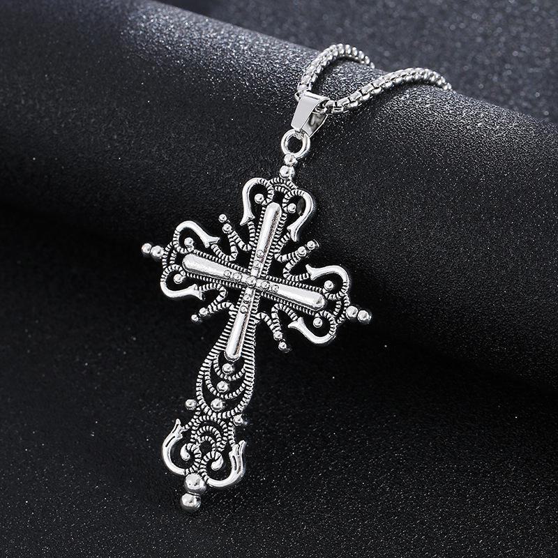 Colier cu pandantiv în cruce în stil baroc - modă retro întunecată de stradă, oțel inoxidabil greu