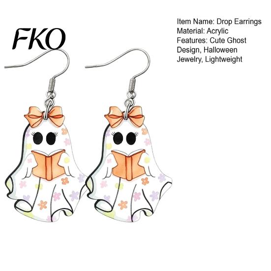 Hypoallergenic Alloy Hooks Cute Reading Ghost Earrings, Sweet Bowknot Drop Polished Acrylic Charms Lightweight Halloween Jewelry for Women Girls