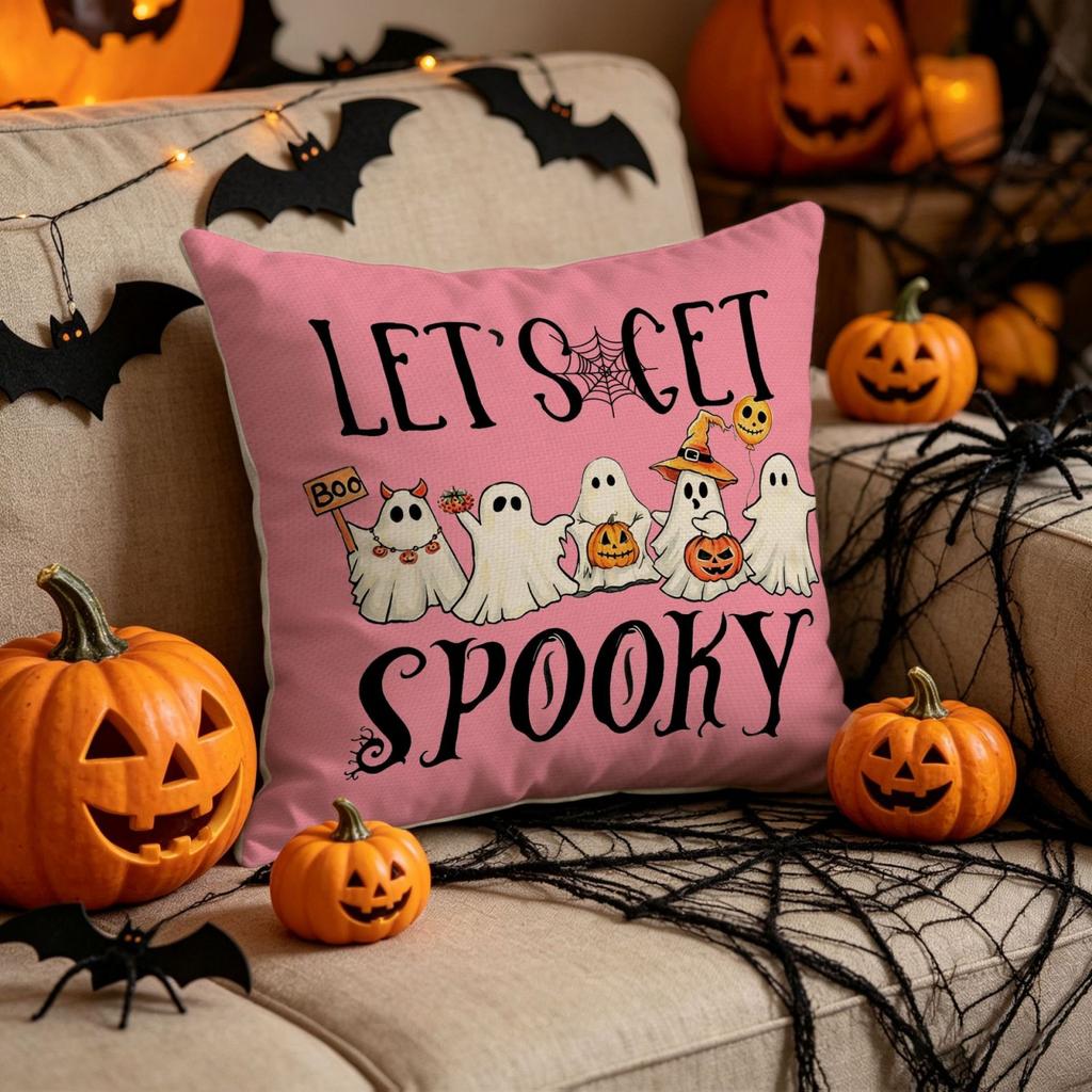 Halloween Decorative Pillow Cover Linen Material Indoor Sofa Cushion Case with Ghost Pumpkin Skeleton Balloons Design for Seasonal Home Decor