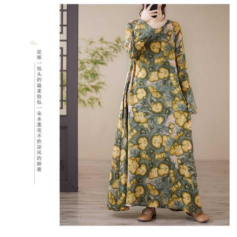 Loose Printed Round Neck Long Sleeve Dress Women's Long Dresses