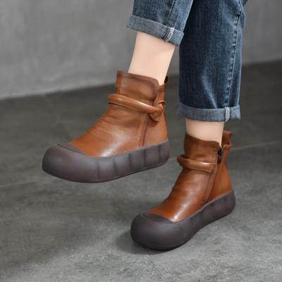 Botas Curtas de Cor Sólida em Couro Genuíno Versátil Solado Grosso Sapatos Baixos Sapatos Femininos