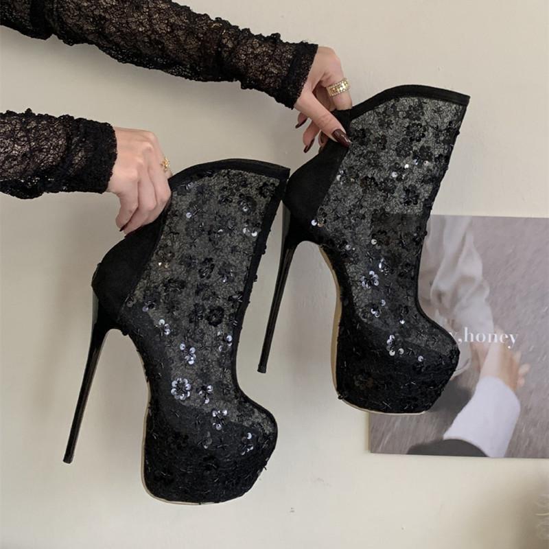 

17cm Ultra High heels Women Ankle Boots Sexy Lace Sequined Air Mesh Platform Wedges Spring Autumn Pole Dance Boots Shoes 42