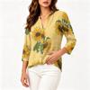 Women's Vintage Floral Print Henley Button Neck Three Quarter Sleeve Cotton Linen Shirt Lightweight Casual Blouse for Daily Wear