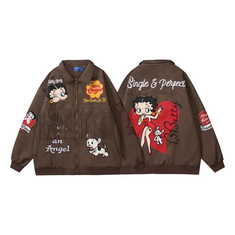 American Vintage Cartoon Embroidered Rivet Jacket Loose Fit Casual Couple Outerwear Men Women