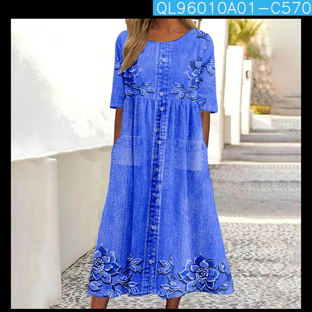 Summer 2025 Mid-Waist Women s Casual Round Neck Printed Dress 4XL