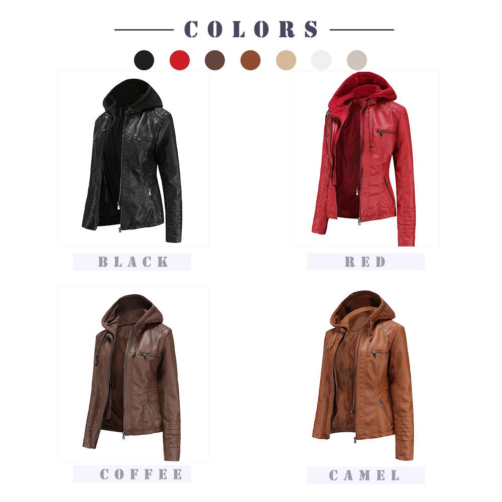 Women's Detachable Hooded Leather Jacket Set - European & American Style, PU Washed, Available in Large Sizes, Ideal for Spring & Autumn
