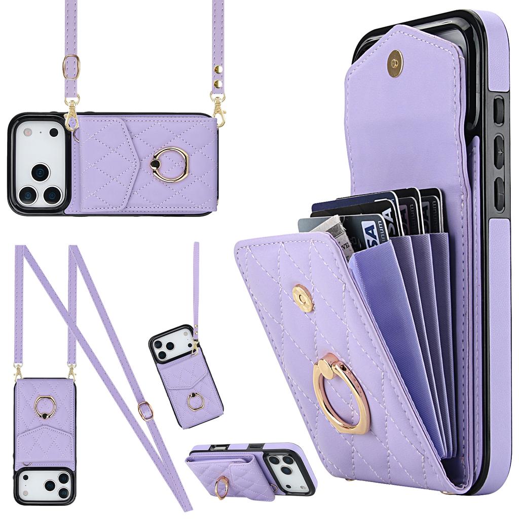 For iPhone 17 Pro Max Case RFID Blocking Card Bag Leather + TPU Crossbody Phone Cover with Ring Kickstand