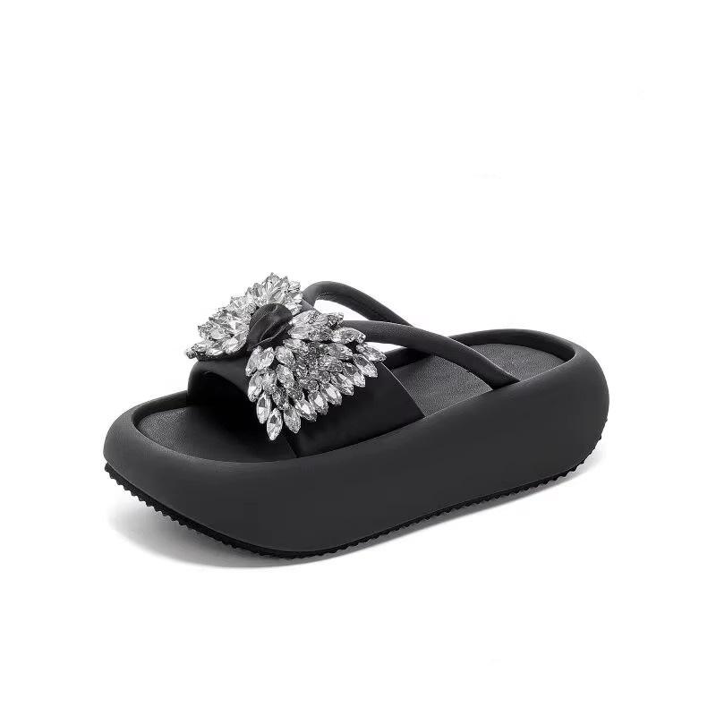 Rhinestone bow slippers wear new summer fashion versatile thick bottom heightening casual slippers women