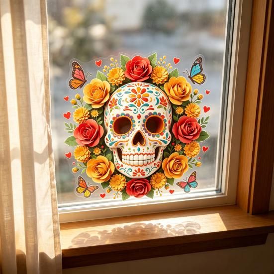 Indoor Outdoor Festive Window Art Day of The Dead Skull Flower Static Sticker, Colorful Mexican Floral Glass Decorative Stickers for Home Halloween