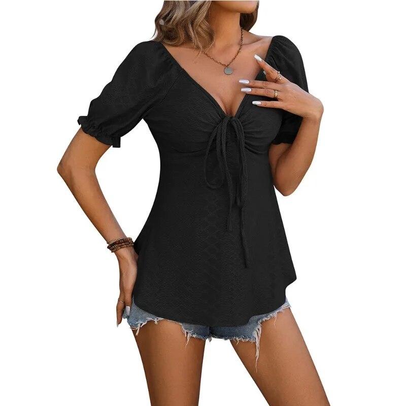 

2024 летняя женская блузка с пышными рукавами и v-образным вырезом на шнуровке, облегающие рубашки с короткими рукавами, женские модные однотонные элегантные топы 30643 XXL чёрный