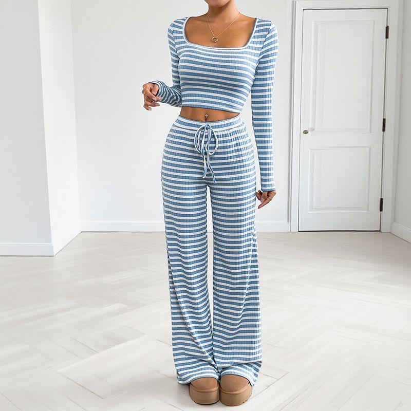 

Women 2 Set Suit Ladies Clothes Home Blazer Stripe Slim fit Two-piece Suit Blue S