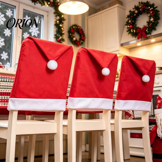 Elastic Non-woven Chair Protectors Christmas Cover, Red Santa Hat Dining Slipcover, Holiday Back Decorations Cover with Pom for Xmas Kitchen