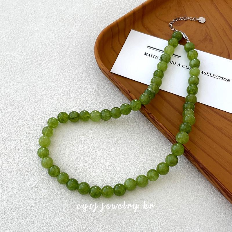 Cui Yan Sterling Silver Green Agate Beaded Necklace for Women - Brightening Spring/Summer Clavicle Chain