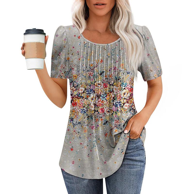 Neues plissee-Rundhals-Kurzarm-T-Shirt Damen-Oberteil Damenbekleidung