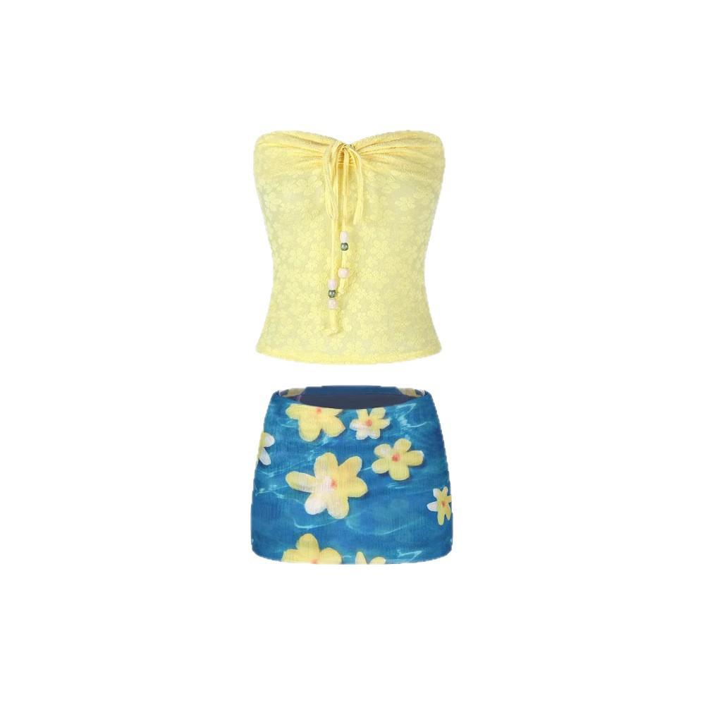 Yellow strap neck tube top women's summer seaside dopamine wear suit hip skirt two-piece set