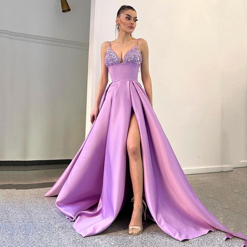 Spring and Suer New Women s Dress Deep V Sequin Suspender Sexy Split Dress L фиолетовый