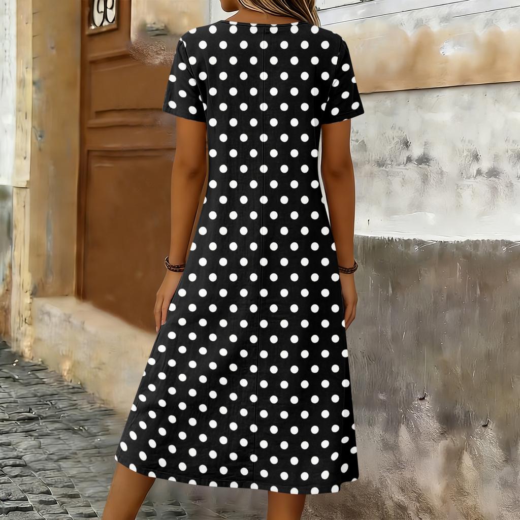 Women’s Short Sleeve Polka Dot Midi Dress with Scoop Neck and Side Pockets Casual Loose Fit Soft Fabric Design