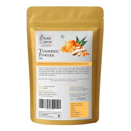 

Honey and Spice High Curcumin Turmeric (250g) | Paper Packaging | Haldi Powder | Ideal for Eating, Drinking, Cooking | Natural and Fresh
