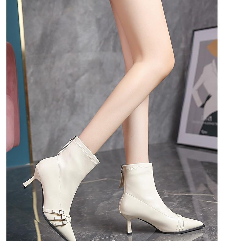 Soft Leather Pointed Middle Heel Boots Women's Autumn and Winter New High-end Thin Heel Boots Belt Buckle Elastic Fleece Thin Boots