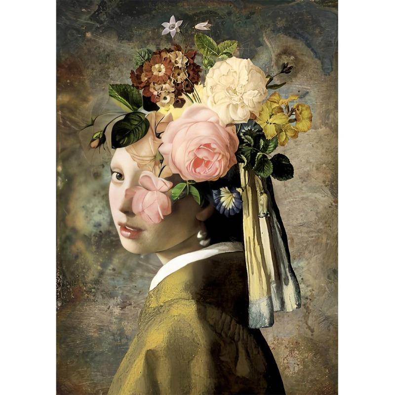 İnci küpeli ünlü kız, posterler, tuval, yağlı boya, komik köpek yavrusu, çiçekler, gitar, oturma odası için duvar sanatı, ev dekoru