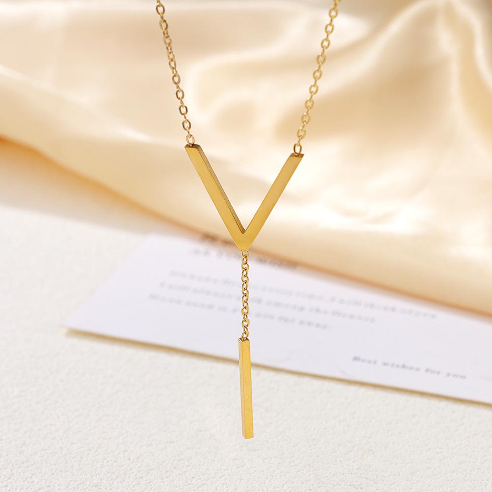 Women's Simple English Letter V Titanium Steel Tassel Clavicle Necklace - Non-fading Accessory