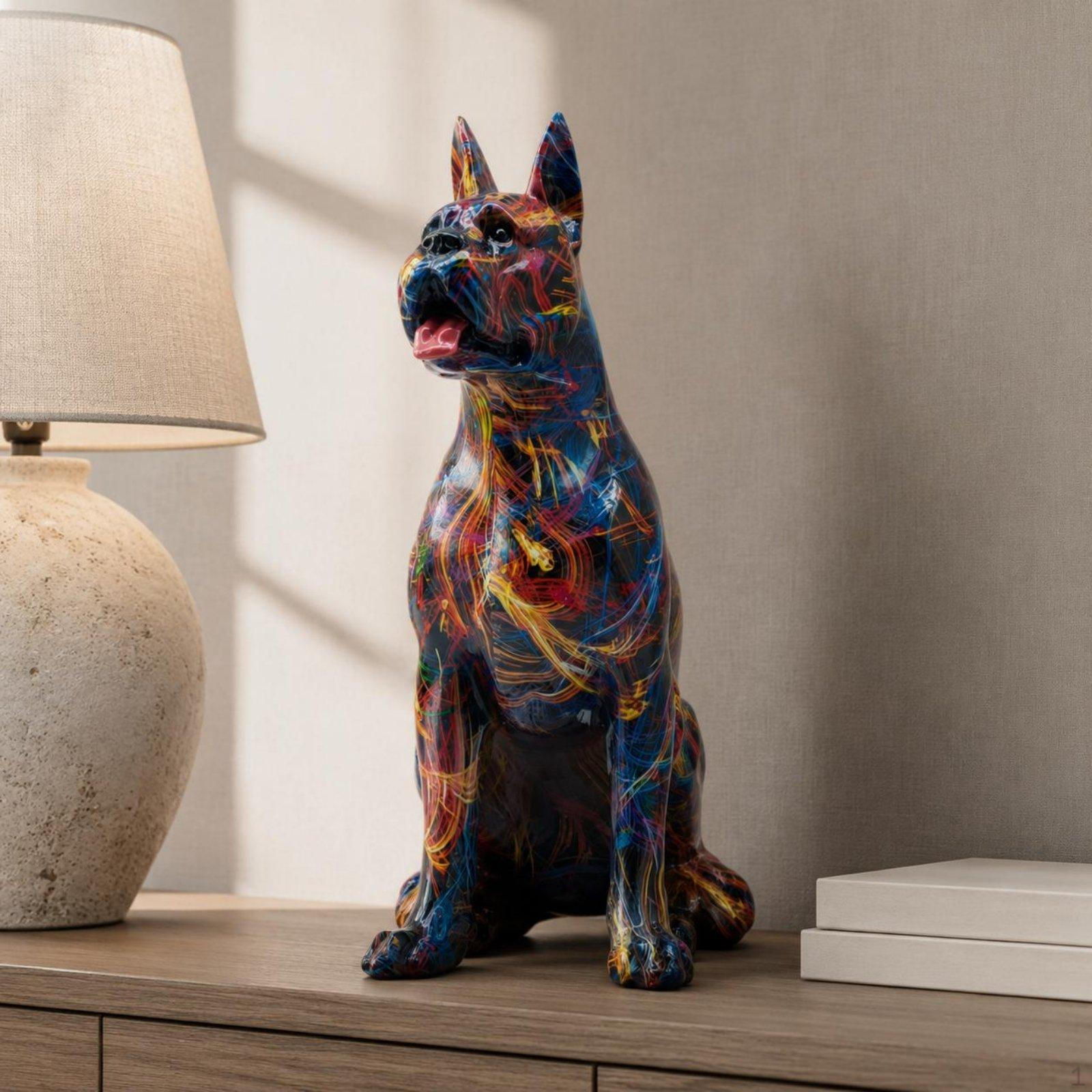 Doberman Statue Upright Ears Figurine Stylized Patterned Resin Dog Sculpture for Home Multicolor