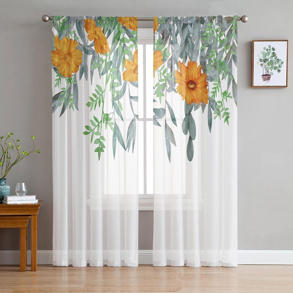 Fenstervorhänge mit Blumen-Aquarell, Blattknospe, für Wohnzimmer, Schlafzimmer, Küche, Chiffon, durchsichtige Fensterbehandlung