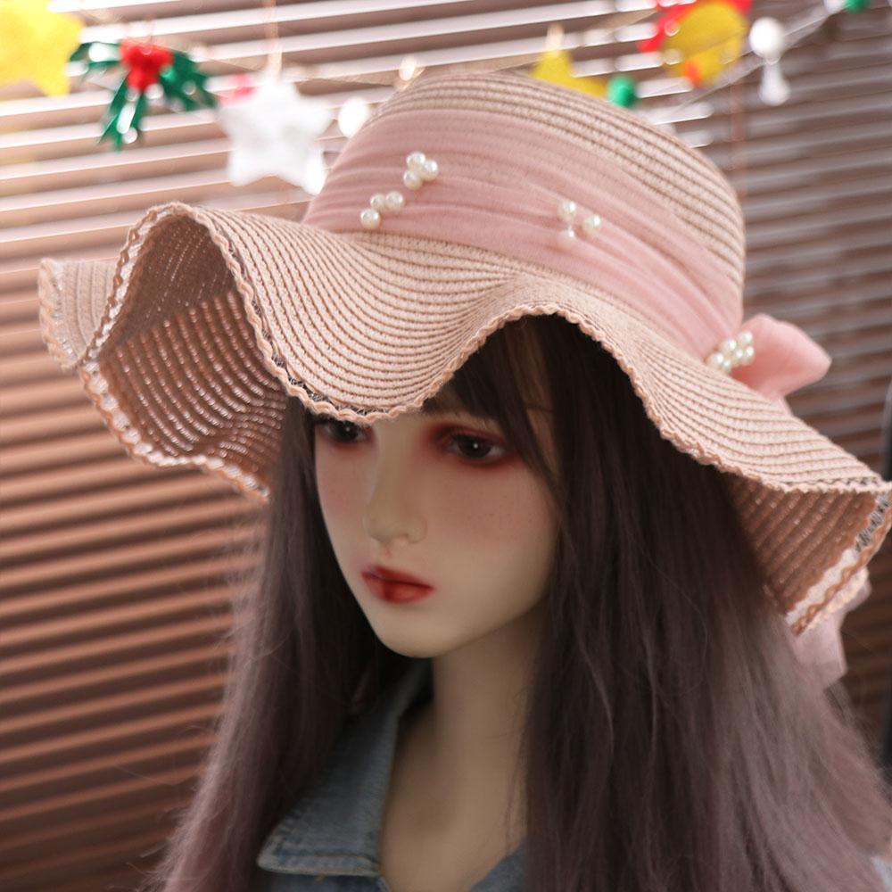 Spring Summer Lace Pearls Straw Hat French Style Women's Sun Hat Bow Ribbon Straw Hat  Girls