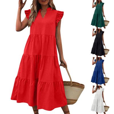 Solid Color V-neck Ruffle Sleeve Short-sleeved Casual Dress