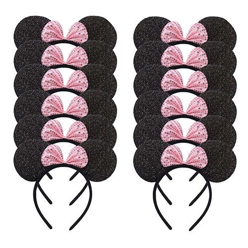 12 Stück Mausohren Stirnband Mädchen Festival Stirnbänder Schwarze Pailletten Schleife Haarband Kinder Geburtstagsfeier Haarschmuck Geschenk