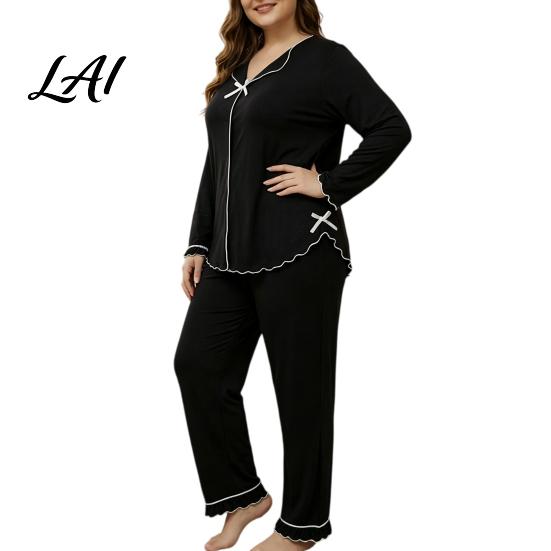 Breathable House Clothes for Ladies Women's Plus Size Pajama Set Long Sleeve Top And Pants Cozy Loungewear Women with Bow Ruffle 2 Piece Soft