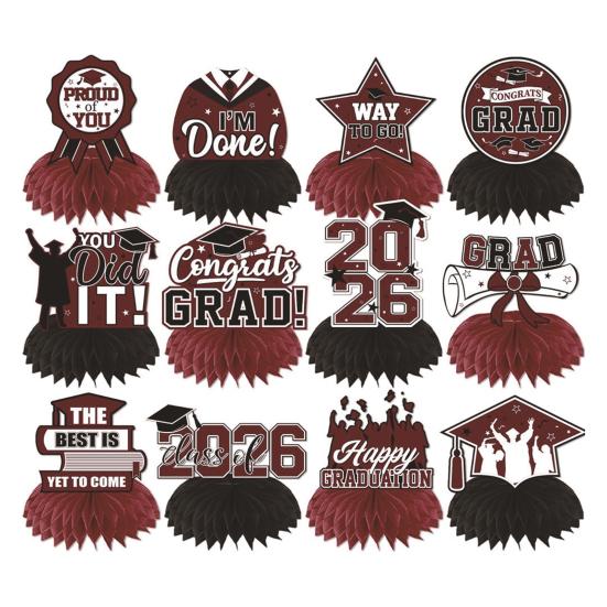 12Pcs 2026 Graduation Honeycomb Decor 3D Honeycomb Centerpieces for Commencement Party Red & Black Theme Bachelor Cap Party Decor for Table Decor &