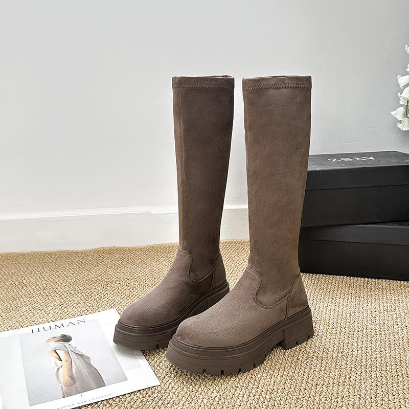 Retro tykksålede høydeøkende slanke støvletter dame små høye støvletter men knehøye støvletter britisk stil støvletter med glidelås bak