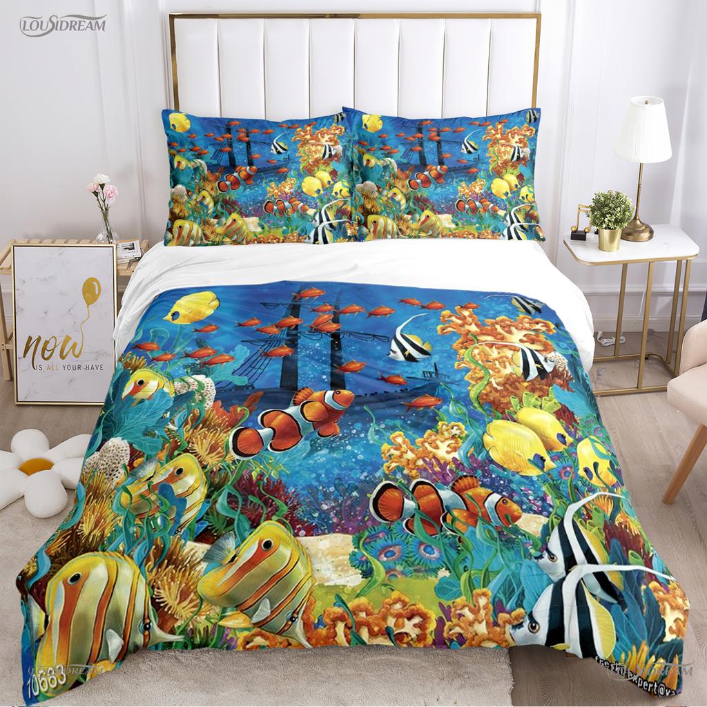 Comforter 3D Ocean World Dolphin Whale Fish Comforter Beding Set Soft And For Single/Double/Queen/King