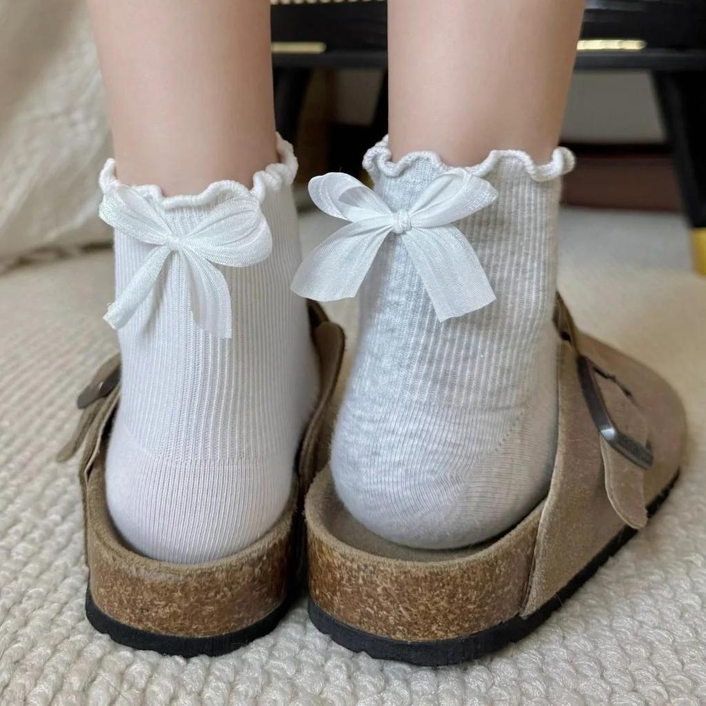Mid-Calf Bowknot Cotton Socks - Solid Color, Ruffle Edge, Bubble Top, European & American Style Women's JK Socks
