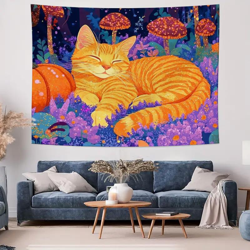 Orange Cat In a Dreamy Mushroom Forest Art Tapestry Bedroom Decor Wall Hanging