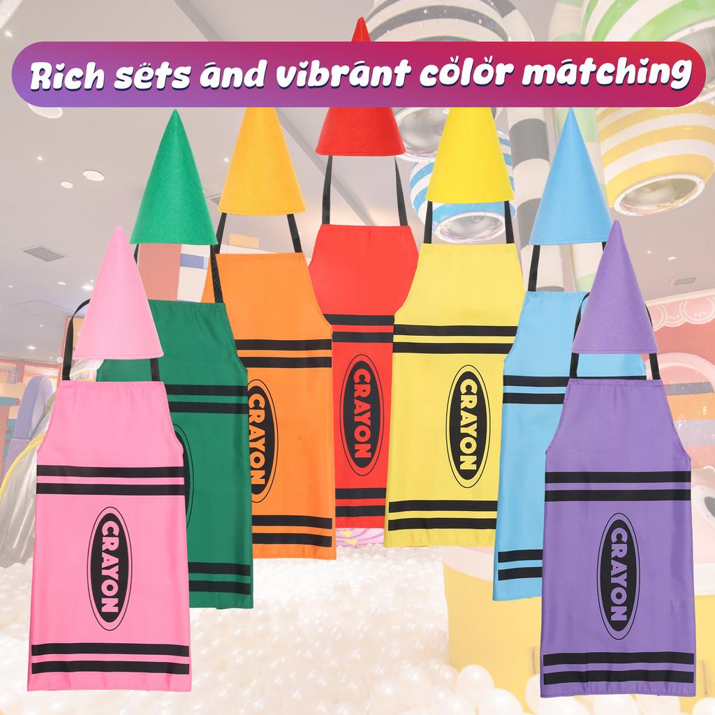 7Pcs Crayon Apron Costume Set 7 Color Polyester Halloween Crayon Costume with Cone Hat Adjustable Cooking Apron Unisex for Party