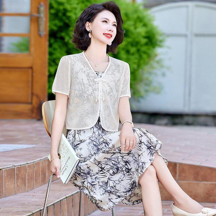 

2026 Summer Short-sleeved Dress for Middle-aged Women - Waist-cinching Skirt 2XL