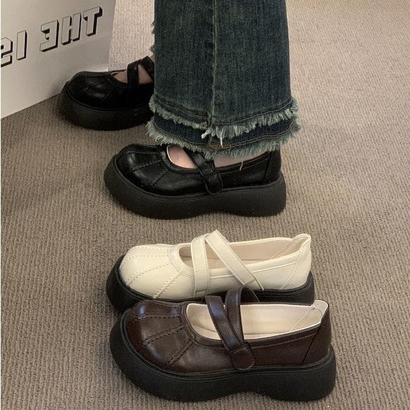 College Style Brown Platform Small Leather Shoes Women'S Velcro Loafers Spring And Summer Wear Mary Jane Single