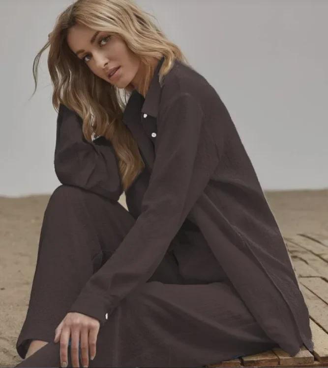 Dames Herfst 2022 Effen Kleur Casual Pak: Shirt met lange mouwen & Broek met elastische taille
