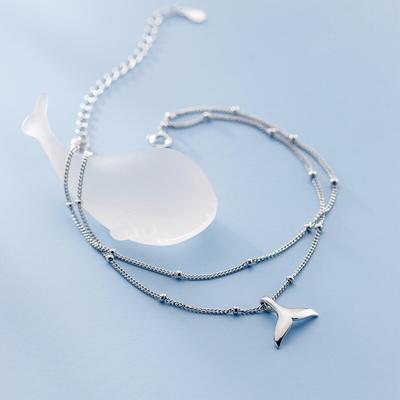 925 Sterling Silver Double Layer Mermaid Tail Round Bead Charm Pendant Link Chain Anklet Party Jewelry For Women Sl356