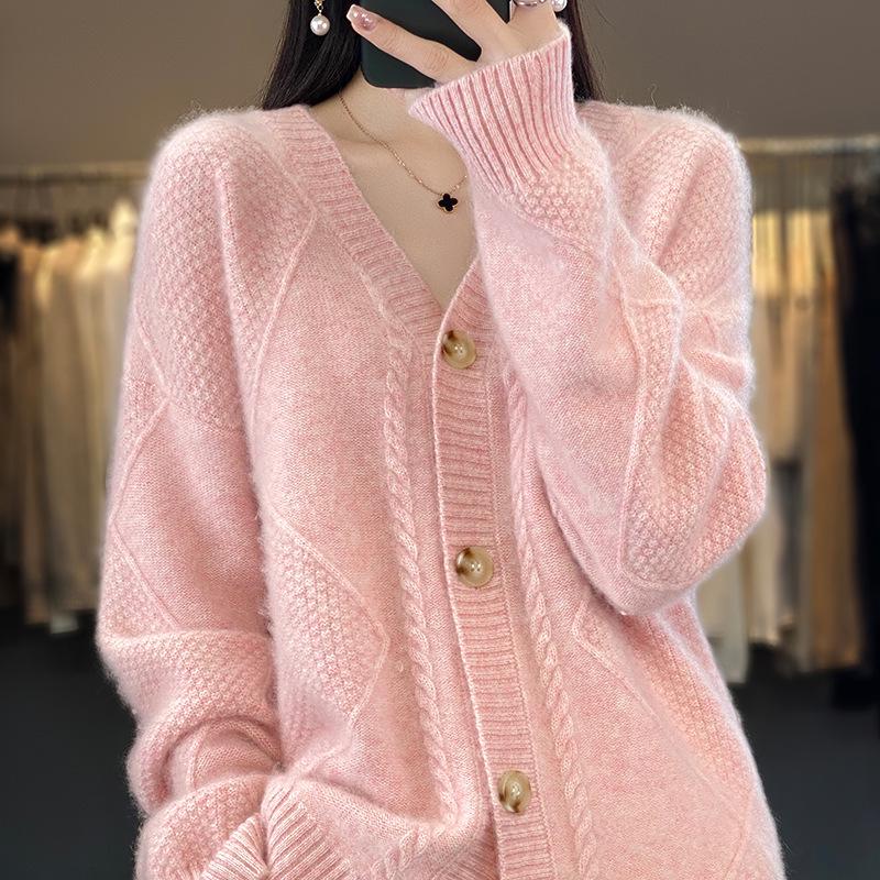 2023 Solid V-Neck Loose Knit Cardigan - Long Sleeve Top for Spring and Autumn