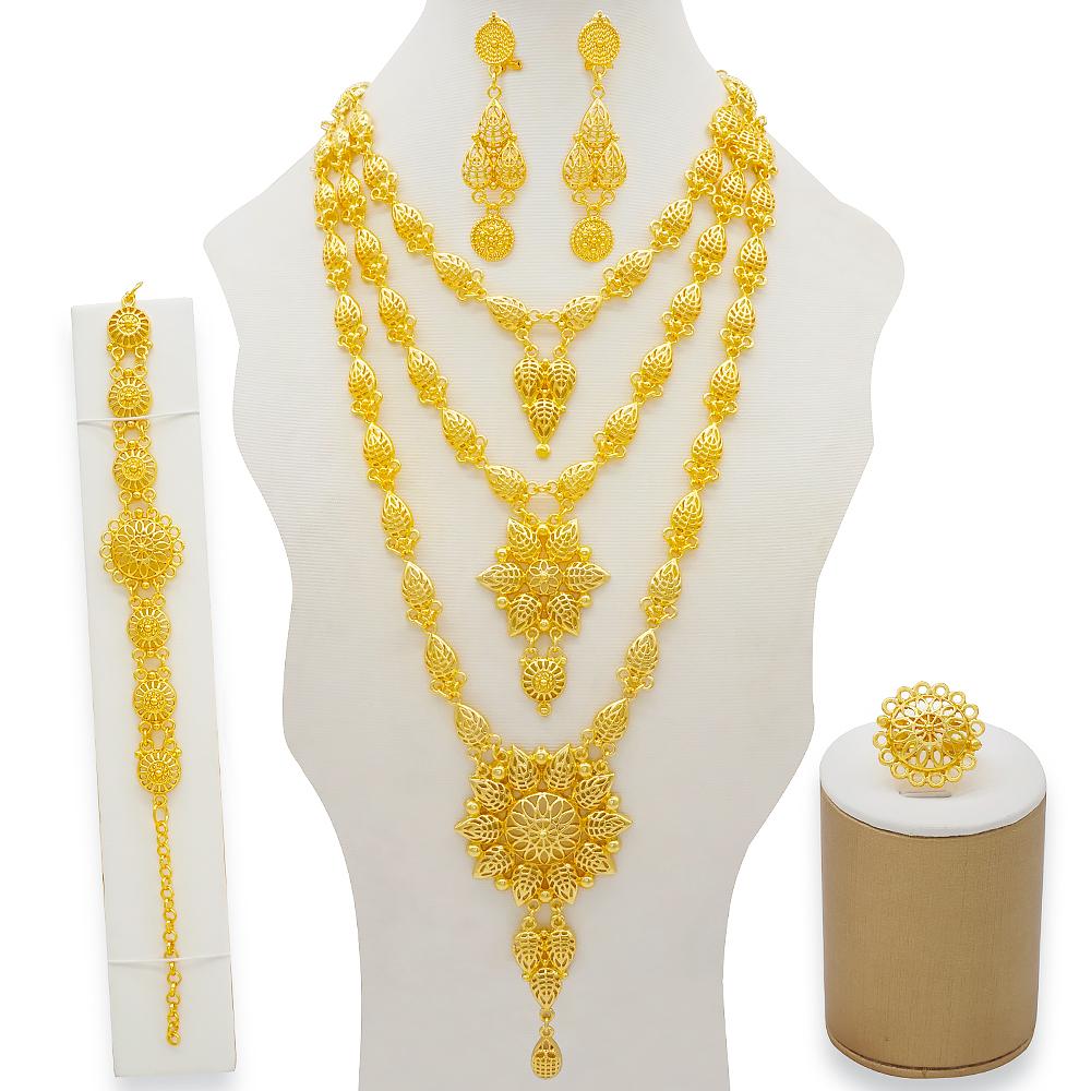 Set de bijuterii de culoare aurie din Dubai indian pentru femei Set de colier lung de mireasă, colier nigerian, bratara, cercei, seturi de inele