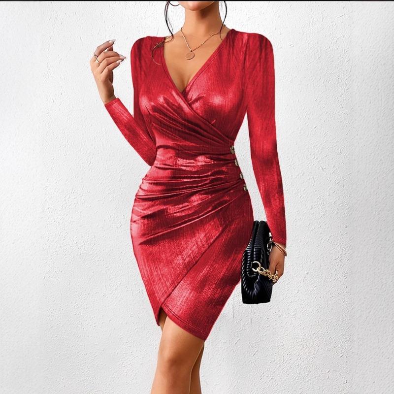New Sexy Hip Wrap Fashion Collar Slit Solid Color Dress Women
