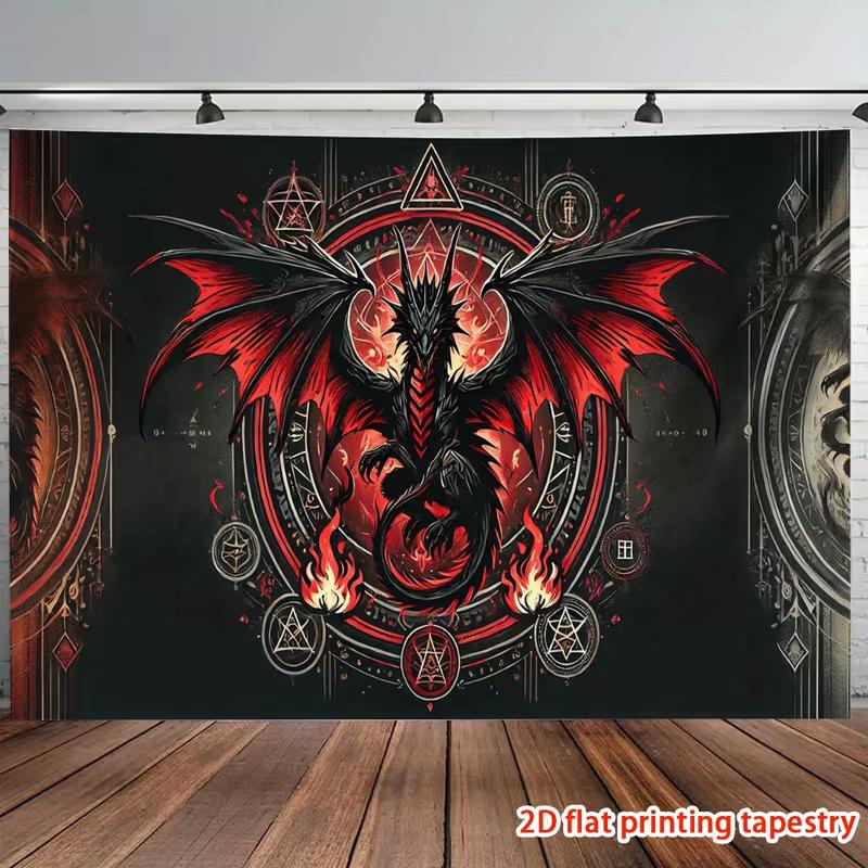 2D Dark Fantasy Dragon Tapestry Red Fire & Occult Circle Wall Art